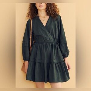 Madewell Crinkle poplin Wrap Dark Green Long Sleeve Dress